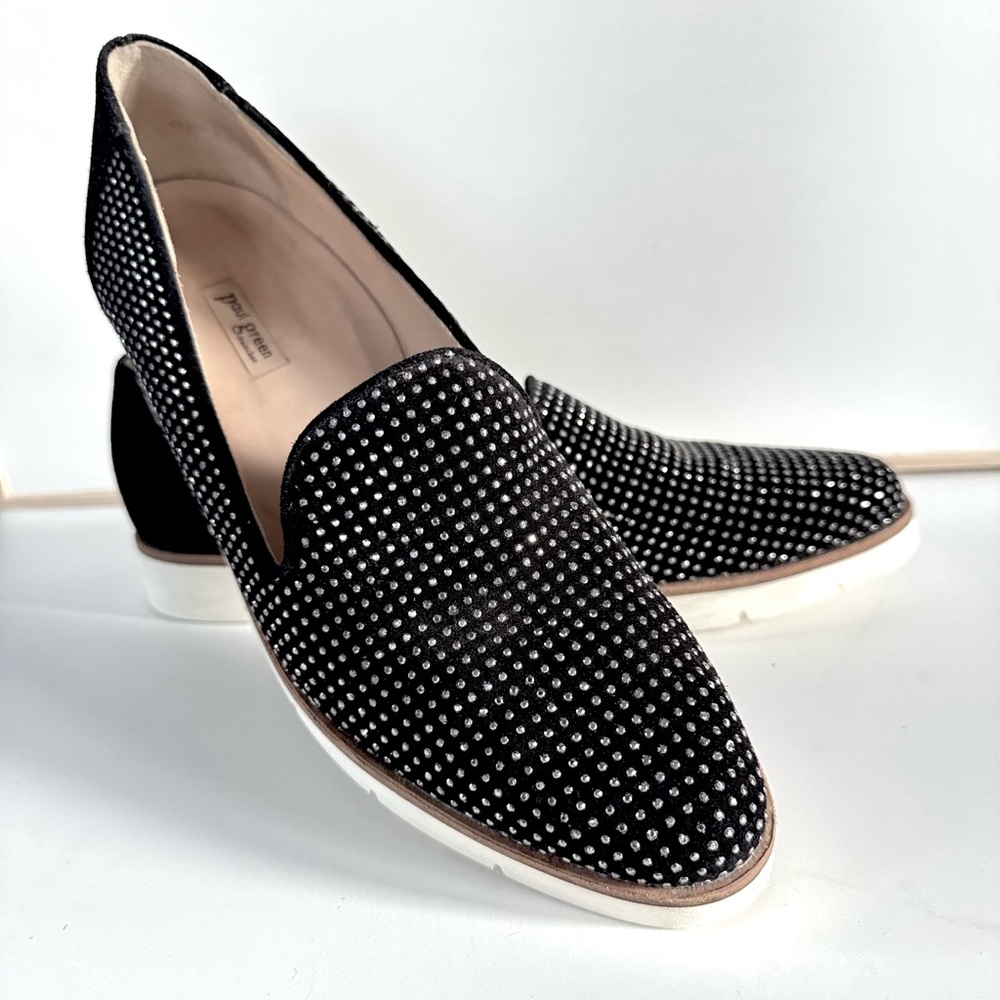 Paul Green Sofia Black Velvet Crystal Studded Slip-On Loafers Suede Sz 9. 5 UK 7